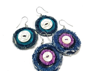 Denim Button Earrings, Fabric Jewelry, Upcycled, Mother of Pearl in Purple or Teal