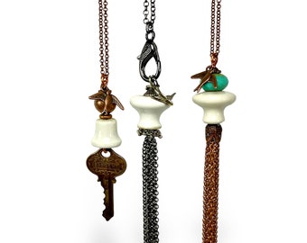 Long Boho Necklaces, Upcycled Ceramic Knob, Tassel OR Key Jewelry with Bird Charms