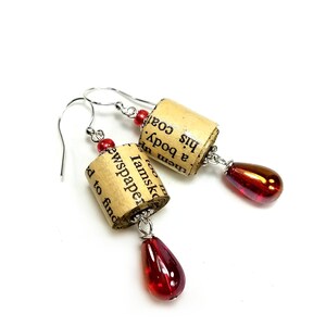Upcycled Paper Bead Dangle Earrings, Book Lover Gift Silver- red drops