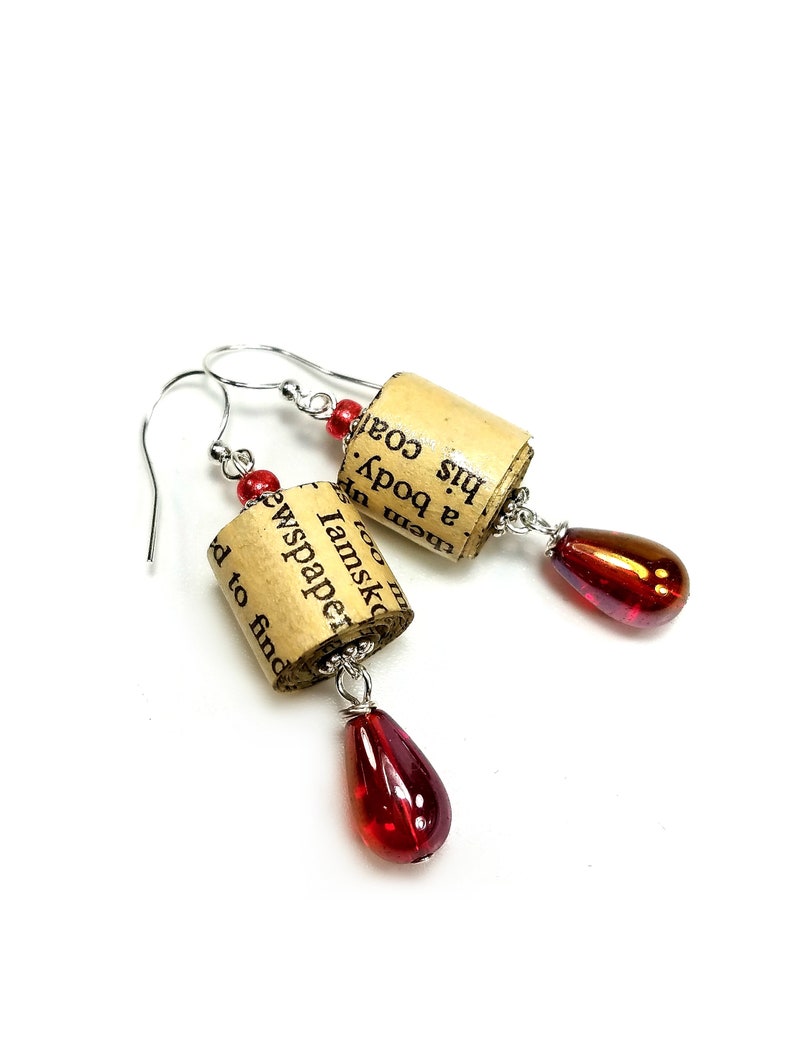 Boucles d'oreilles pendantes en papier recyclé, cadeau pour amoureux des livres Silver- red drops