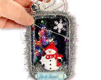 Handmade Snowman Ornament, Shadowbox Decoration, Winter Diorama Gift