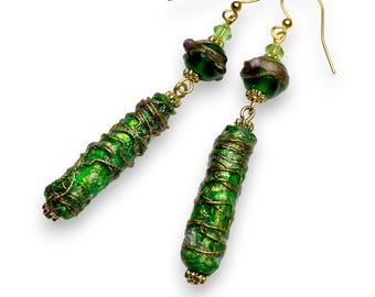 Emerald Green Dangle Earrings, Recycled Handcrafted Beads Made From Dubai Candy Wrappers