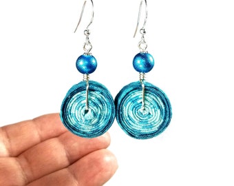 Aqua Blue Coiled Fabric Earrings, Fiber Art Jewelry for Summer