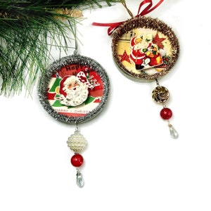 Retro Santa Ornaments, Mason Jar Lid Christmas Decorations in Silver and Gold Set of 2