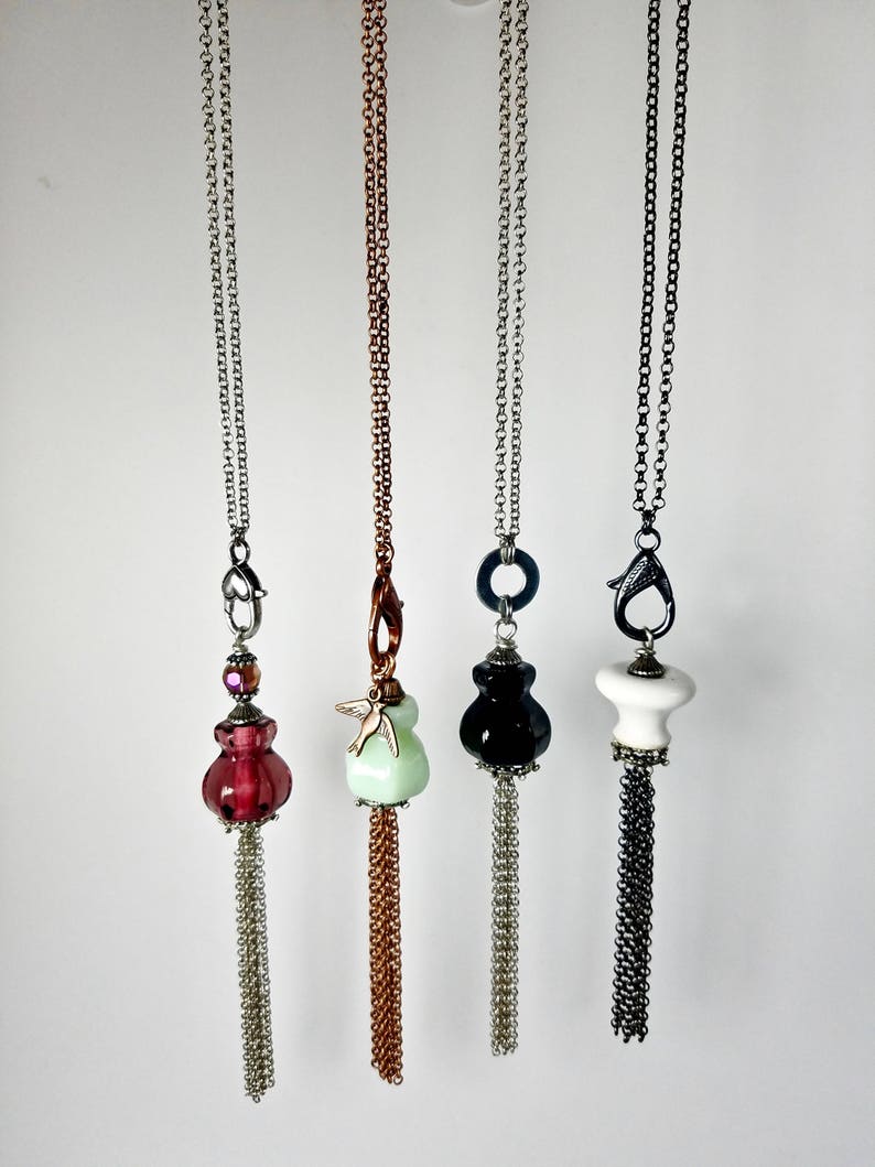 Black or White Long TASSEL Necklaces in Mint Repurposed Glass
