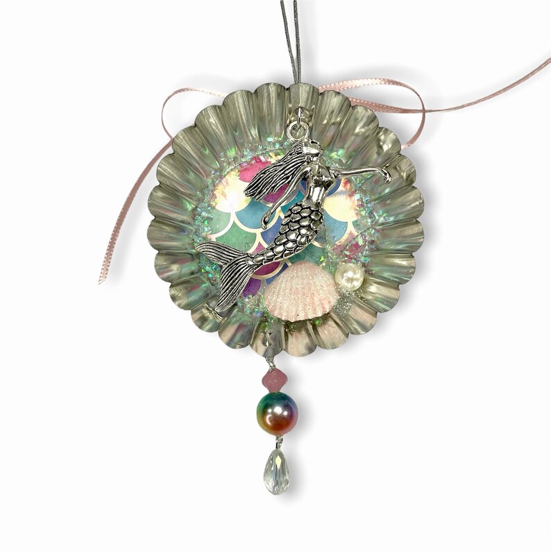 Upcycled Mermaid Ornament, Ocean Inspired Gift For Teen Girl Pink bow & shell