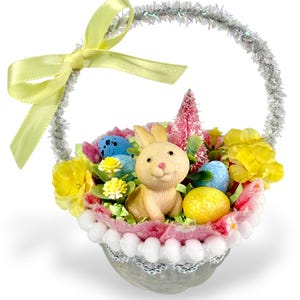 Vintage Inspired Easter Decor, Basket Ornaments with Bunnies in Pastel Colors Pastels/vintage tin