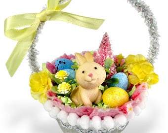Vintage Inspired Easter Decor, Basket Ornaments with Bunnies in Pastel Colors