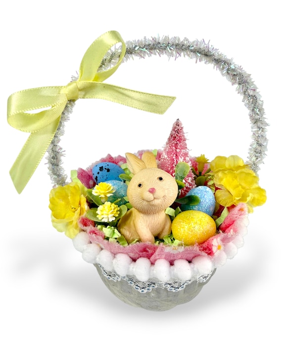 Vintage Inspired Easter Decor, Basket Ornaments with Bunnies in Pastel Colors