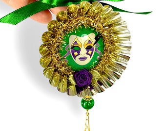 Mardi Gras Party Decor: Festive Purple, Gold, and Green Tart Tin Ornaments with Fat Tuesday Mask and Fleur Di Lis Designs