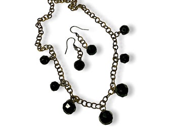 Upcycled Vintage Black Glass Button Necklace Earrings, Repurposed Jewelry Gift Set