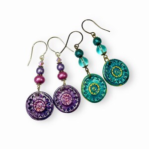 Boho Style Dangle Earrings, Handmade Artisan Clay Jewelry in Purple or Teal Jewel Tones image 1