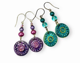 Boho Style Dangle Earrings, Handmade Artisan Clay Jewelry in Purple or Teal Jewel Tones