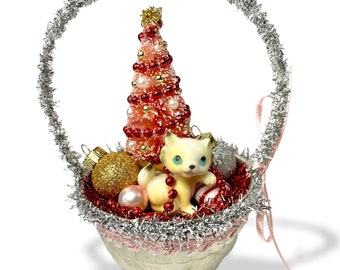 Retro Basket Ornament with Cats, Repurposed Vintage Jello Mold Christmas Decorations, Pet Lover Gift