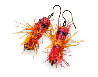 Boho Fiber Art Earrings, Colorful Textile Mixed Media Jewelry, Eco Friendly Wearable Art
