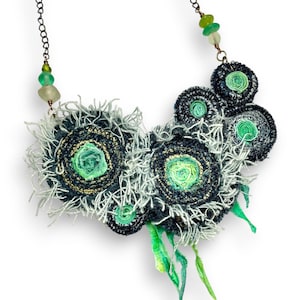 Ocean Inspired Upcycled Denim Statement Necklace – Coiled Denim Seams, Eco Friendly Fiber Art Jewelry