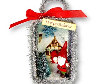 Sparkly Winter Gnome Shadowbox Ornament, Happy Solstice Holiday Decor with Bottlebrush Tree