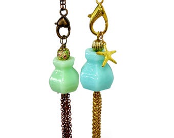 Long Tassel Necklace, Ocean Inspired Jewelry, Upcycled Glass Knob, Aqua or Mint Green