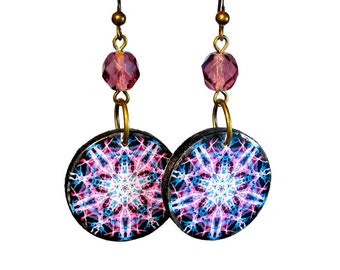 Sand Dollar Mandala Earrings in Pink Purple, Boho Ocean Inspired Jewelry
