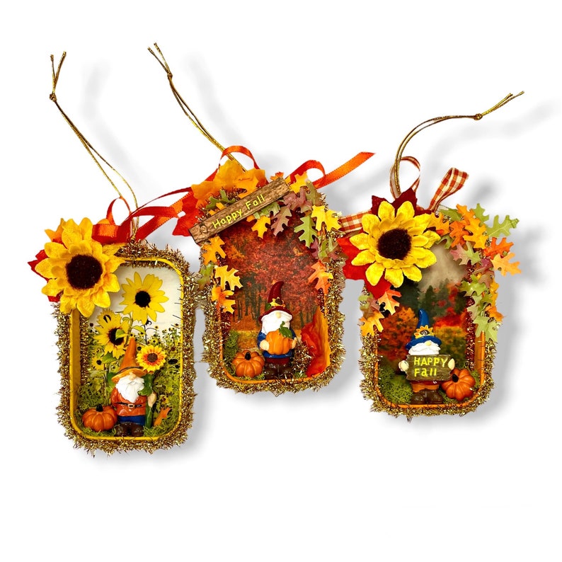 Fall Diorama Gnome Ornaments Upcycled Tin Shadowbox Autumn Etsy