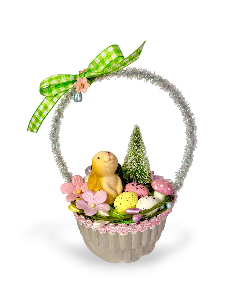 Vintage Inspired Easter Decor, Basket Ornaments with Bunnies in Pastel Colors image 7