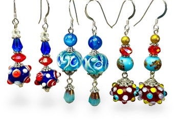 Handmade Colorful Glass Bead Earrings, Boho Chic Fancy Lampworks Dangles with 925 Sterling Ear Hooks