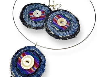 Upcycled Denim Necklace or Earrings, Tribal Boho Fiber Art, Wearable Art, Eco Friendly Gift
