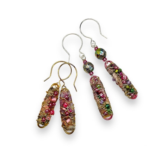 Upcycled Paper Bead Earrings, Handmade Statement Jewelry, Eco Friendly Dangle Earrings, Wearable Art