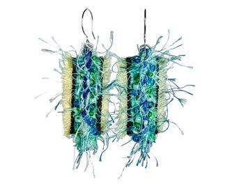 Sea Green Fiber Art Earrings – Repurposed Denim Statement Jewelry