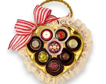 Repurposed Vintage Button Valentine’s Wall Art, Upcycled Chocolate Box Heart Decor