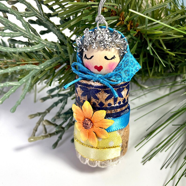 Hanging Russian Doll Ornament, Babushka, Upcycled Wine Cork Christmas Decorations image 6