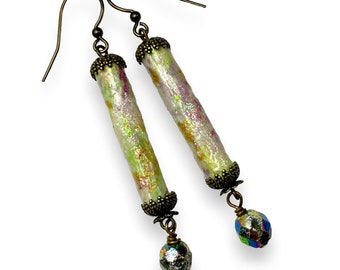 Eco Chic Hand Painted Paper Tube Bead Earrings, Vintage Inspired Handmade Gift For Artist or Artsy Woman