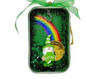 St. Patrick's Day Shadowbox Ornaments, Gnome Diorama in Upcycled Tin