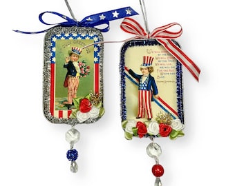 Upcycled Vintage 4th of July Ornaments, Americana Themed Red White Blue Decorations, Patriotic Gifts