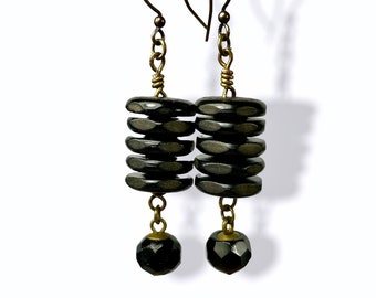 Repurposed Vintage Button, Black Dangle Earrings, Upcycled Handmade Jewelry Gift