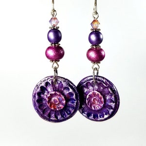 Boho Style Dangle Earrings, Handmade Artisan Clay Jewelry in Purple or Teal Jewel Tones image 4
