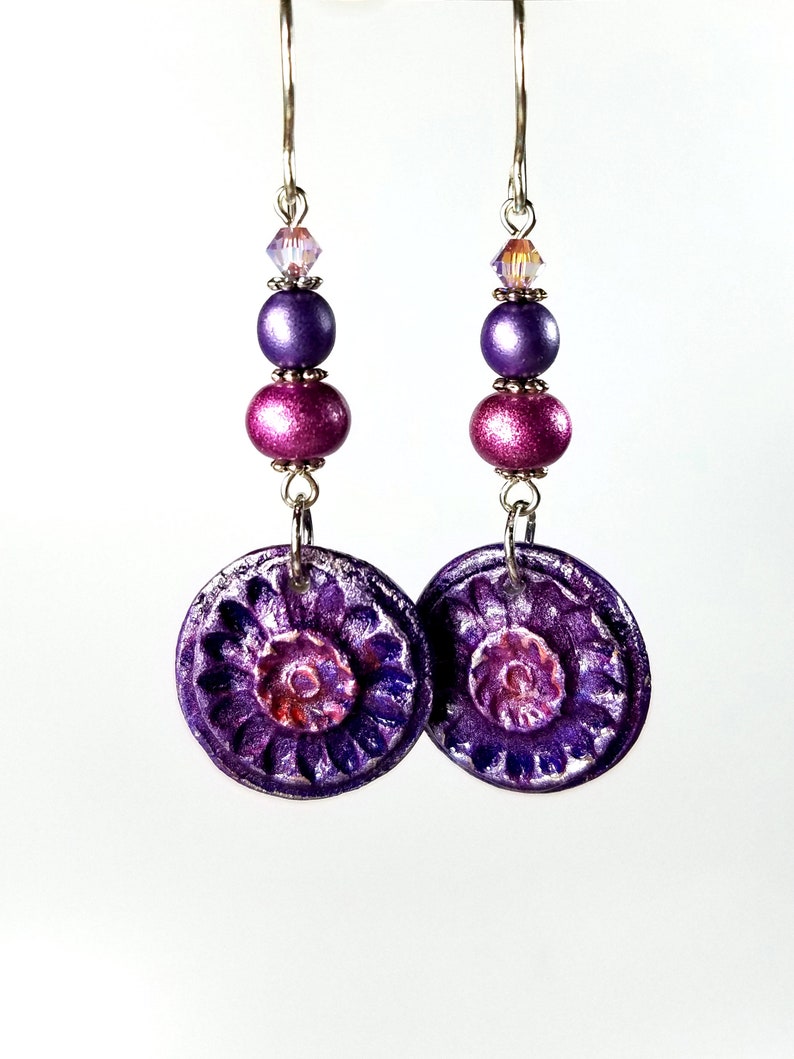 Boho Style Dangle Earrings, Handmade Artisan Clay Jewelry in Purple or Teal Jewel Tones image 4