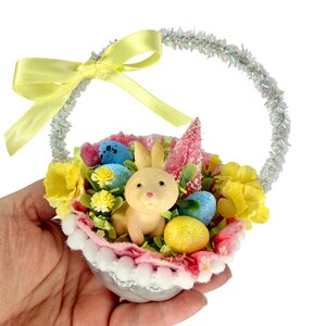 Vintage Inspired Easter Decor, Basket Ornaments with Bunnies in Pastel Colors image 3