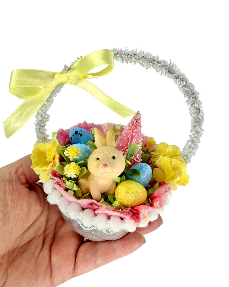Vintage Inspired Easter Decor, Basket Ornaments with Bunnies in Pastel Colors image 3