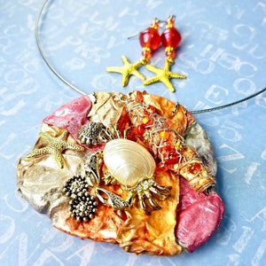Artisan Ocean Themed Necklace Earring Set, Jewelry Set with Crab, Starfish image 7