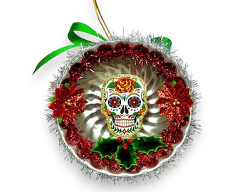 Day of the Dead Christmas Ornaments, Festive Upcycled Mexican Folk Art Style Decorations, Sugar Skulls