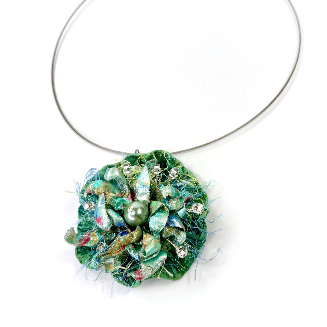 Sea Green Statement Pendant Necklace, Ocean Inspired Clay Fiber Art ...