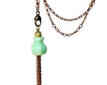 Upcycled Long Tassel Necklace: Seafoam Green Glass Knob, Copper Chain
