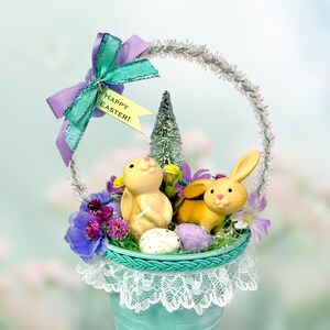 Vintage Inspired Easter Decor, Basket Ornaments with Bunnies in Pastel Colors image 13