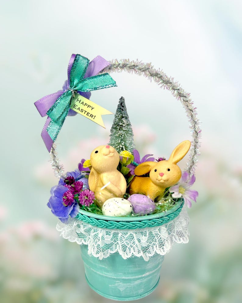 Vintage Inspired Easter Decor, Basket Ornaments with Bunnies in Pastel Colors image 13