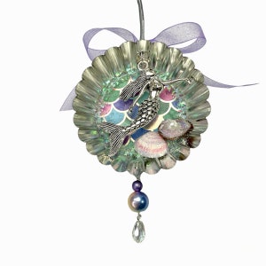 Upcycled Mermaid Ornament, Ocean Inspired Gift For Teen Girl Purple bow