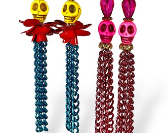 Colorful Day of the Dead Sugar Skull Tassel Earrings in Hot Pink OR Primary Colors