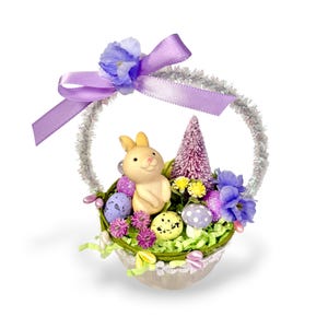 Vintage Inspired Easter Decor, Basket Ornaments with Bunnies in Pastel Colors purple/ vintage tin