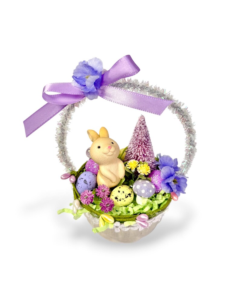 Vintage Inspired Easter Decor, Basket Ornaments with Bunnies in Pastel Colors purple/ vintage tin