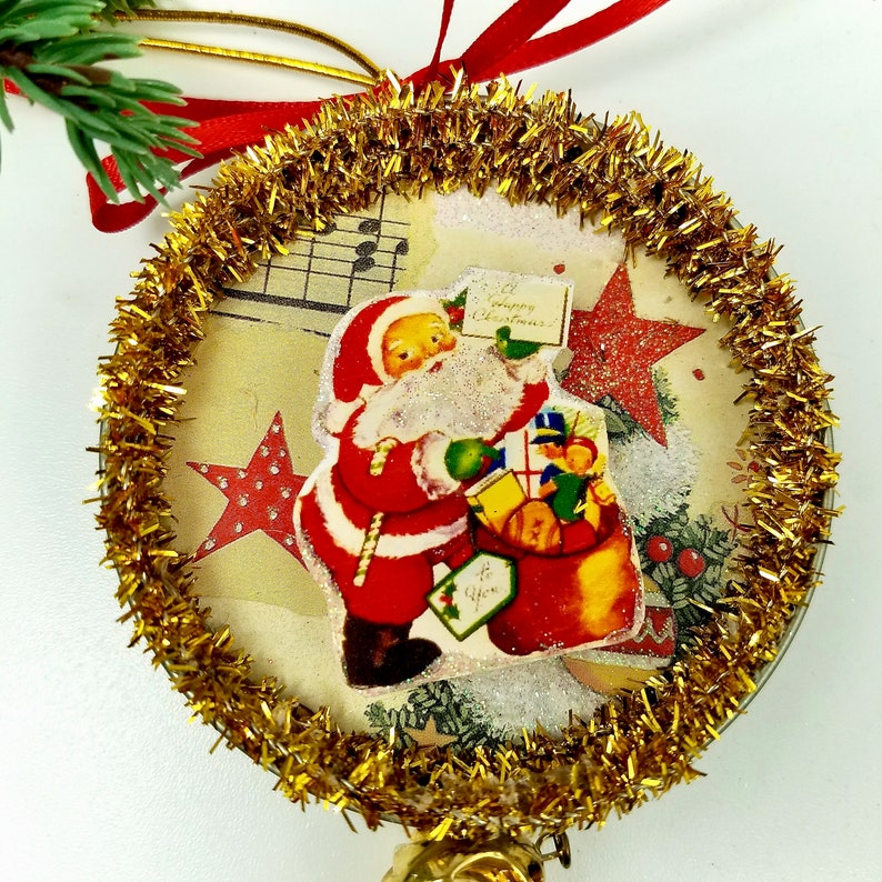 Retro Santa Ornaments, Mason Jar Lid Christmas Decorations in Silver and Gold image 5